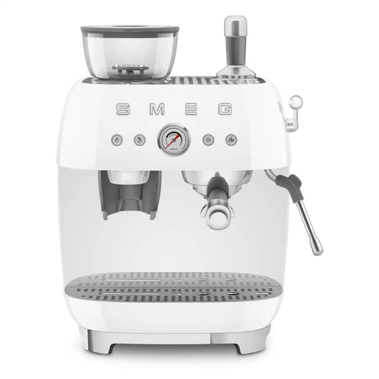 Manual Espresso Coffee Machine with Grinder - Retro-Style White