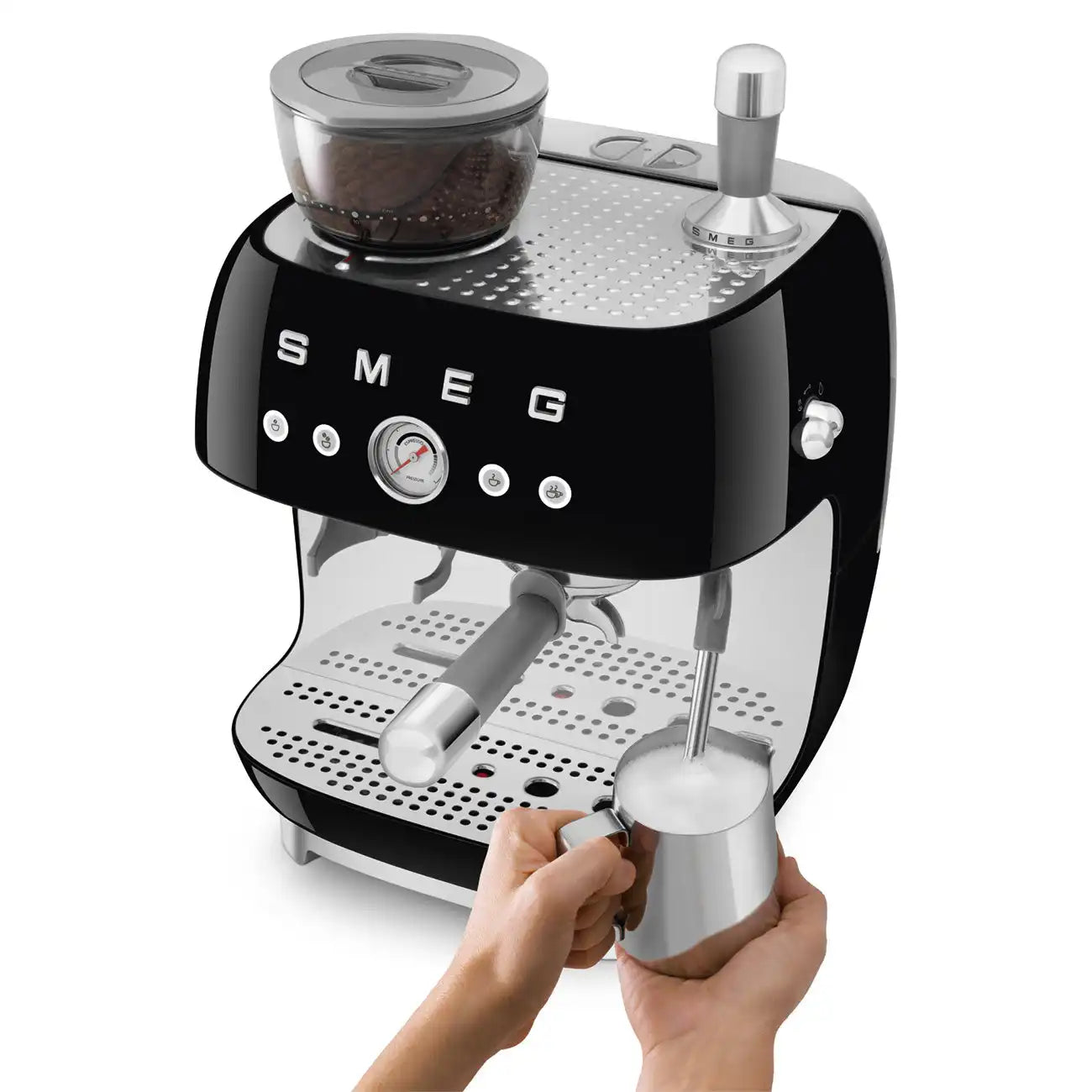 Manual Espresso Coffee Machine with Grinder - Retro-Style Black Glossy