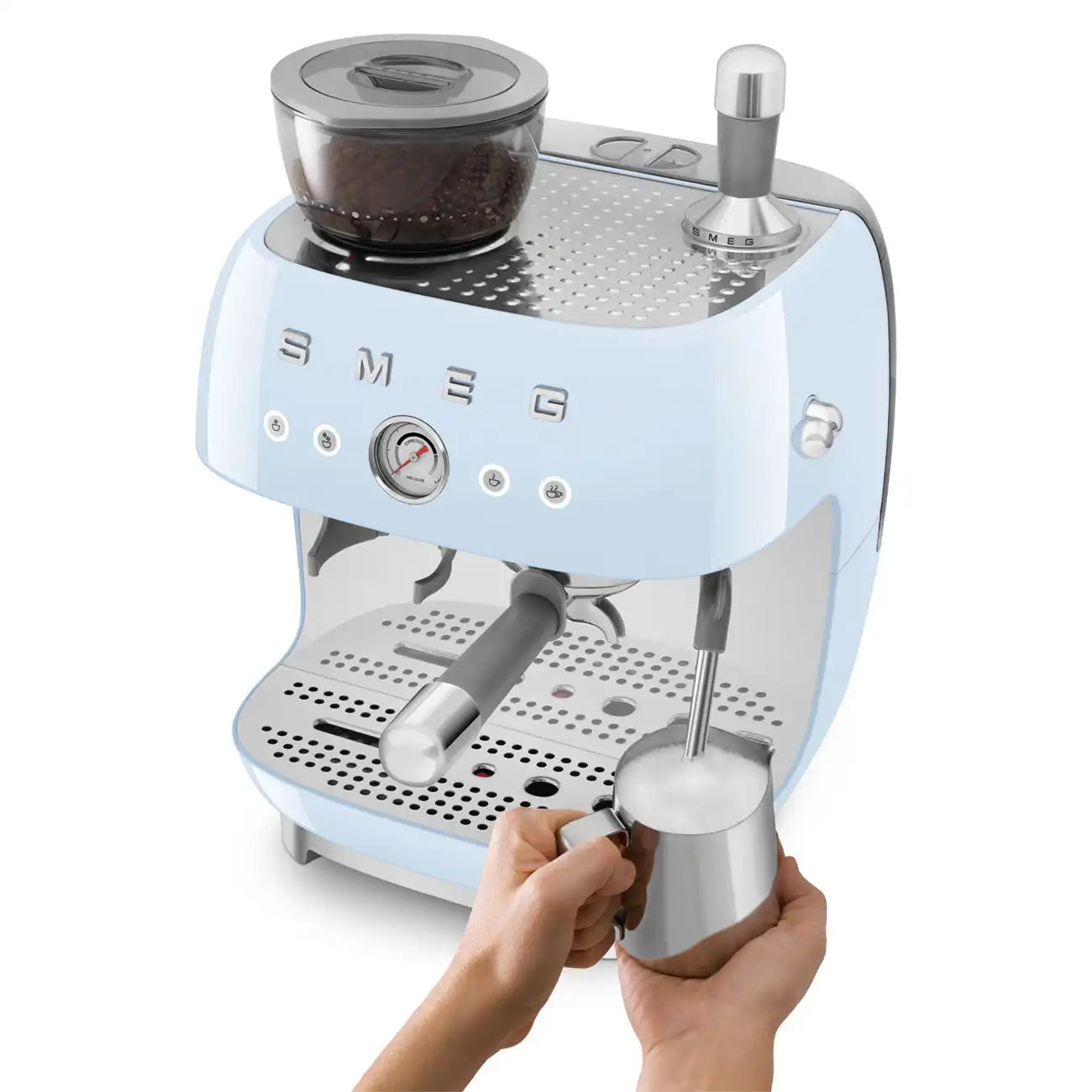 Manual Espresso Coffee Machine with Grinder - Retro-Style Pastel Blue