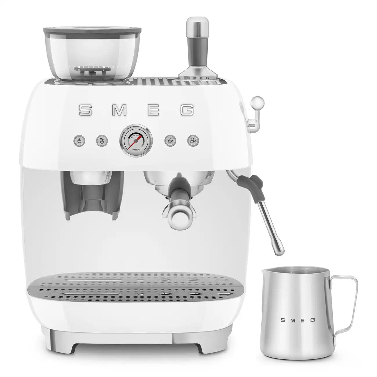 Manual Espresso Coffee Machine with Grinder - Retro-Style White